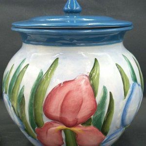NONNI'S BISCOTTI / COOKIE JAR 10.5" CANISTER IRIS Hand Painted RARE!